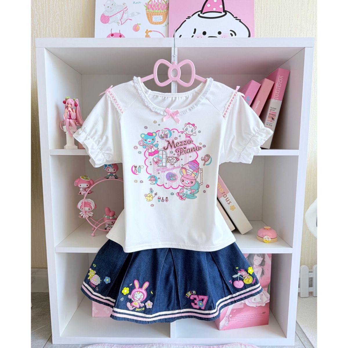 Embroidery Cotton Shirt - ญี่ปุ่นหวานชุดกระโปรงฤดูร้อนใหม่การ์ตูน Mp พิมพ์เสื้อยืดแขนสั้น + เย็บปักถักร้อย Denim