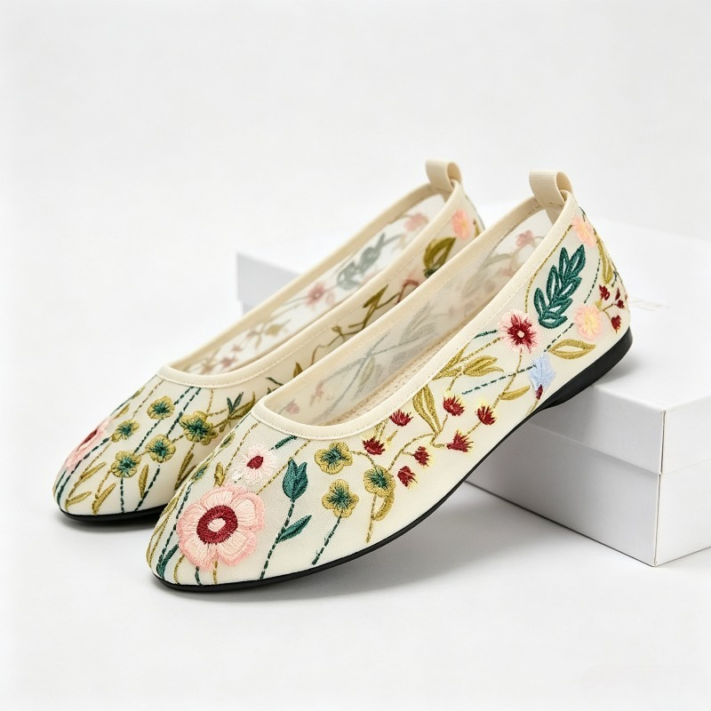 Embroidery Meaning - รอบ Toe ตาข่ายบัลเล่ต์รองเท้าผู้หญิงเย็บปักถักร้อยดอกไม้ Mary Jane รองเท้าตื้น