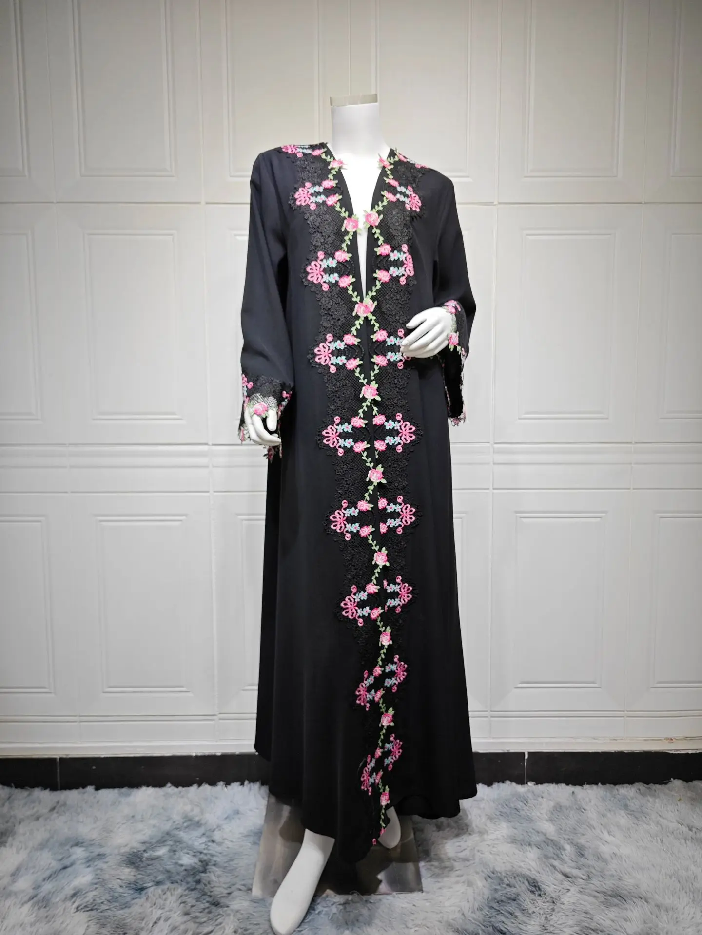 Embroidery Kebaya - ชุดกิโมโนปักลายสีดำ จาลาบียะ อบายะ ดูไบ คาฟตัน ชุดมุสลิมสำหรับผู้หญิง