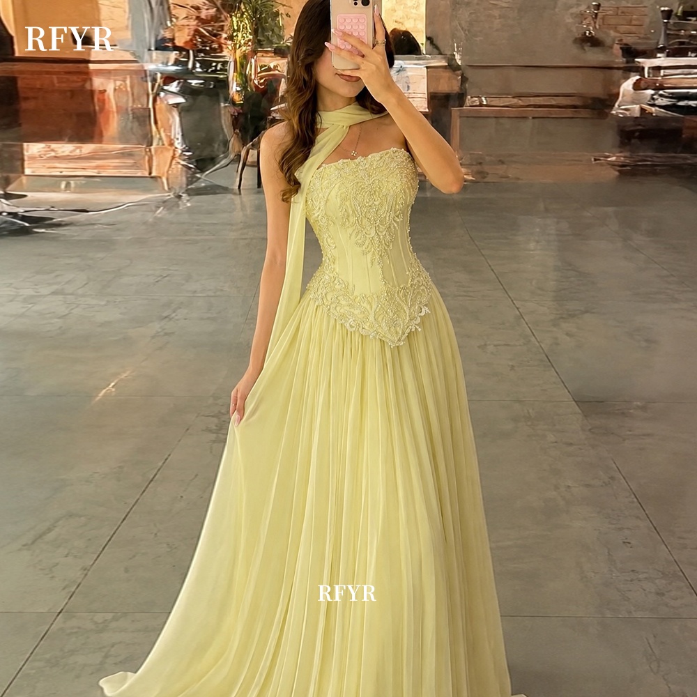 Embroidery Yellow Dress - ชุดราตรีสีเหลือง RFYR ประดับลูกไม้ ทรงเอไลน์ พร้อมผ้าพันคอ ชุดออกงานสำหรับสตรีชาวอาหรับ