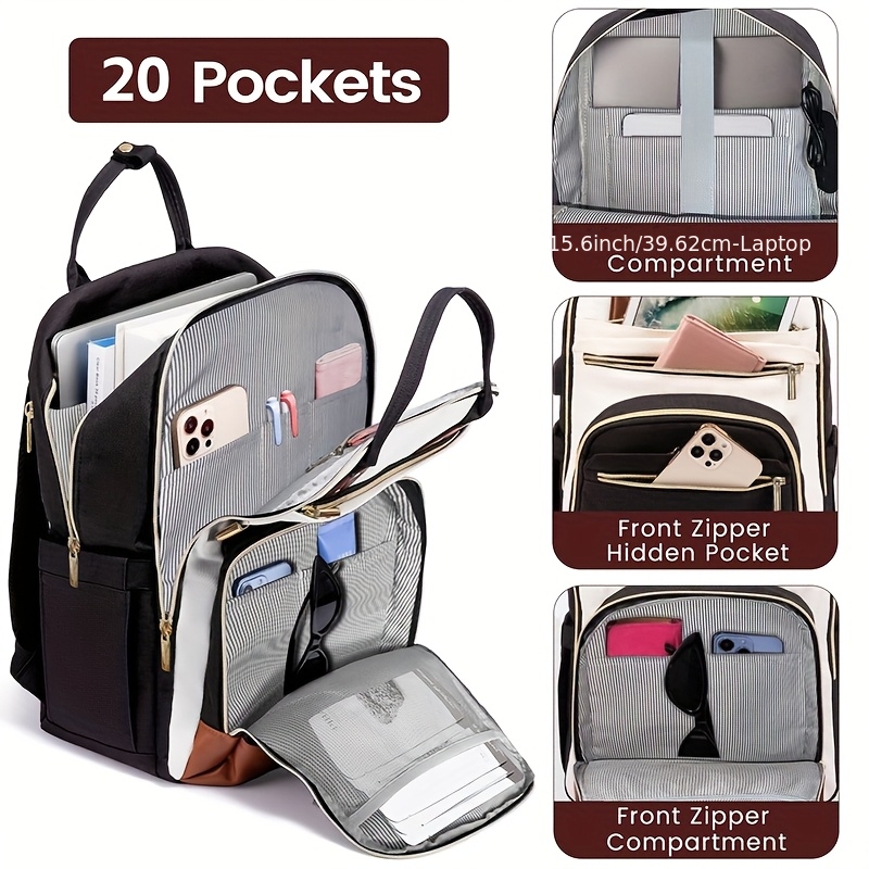 Embroidery Bag - กระเป๋าเป้สะพายหลังสำหรับผู้หญิงแบบสองสี กันน้ำ น่ารัก เหมาะสำหรับเดินทางและทำงาน พร้อมซิปสีทอง ใส่โน้ตบุ๊คขนาด