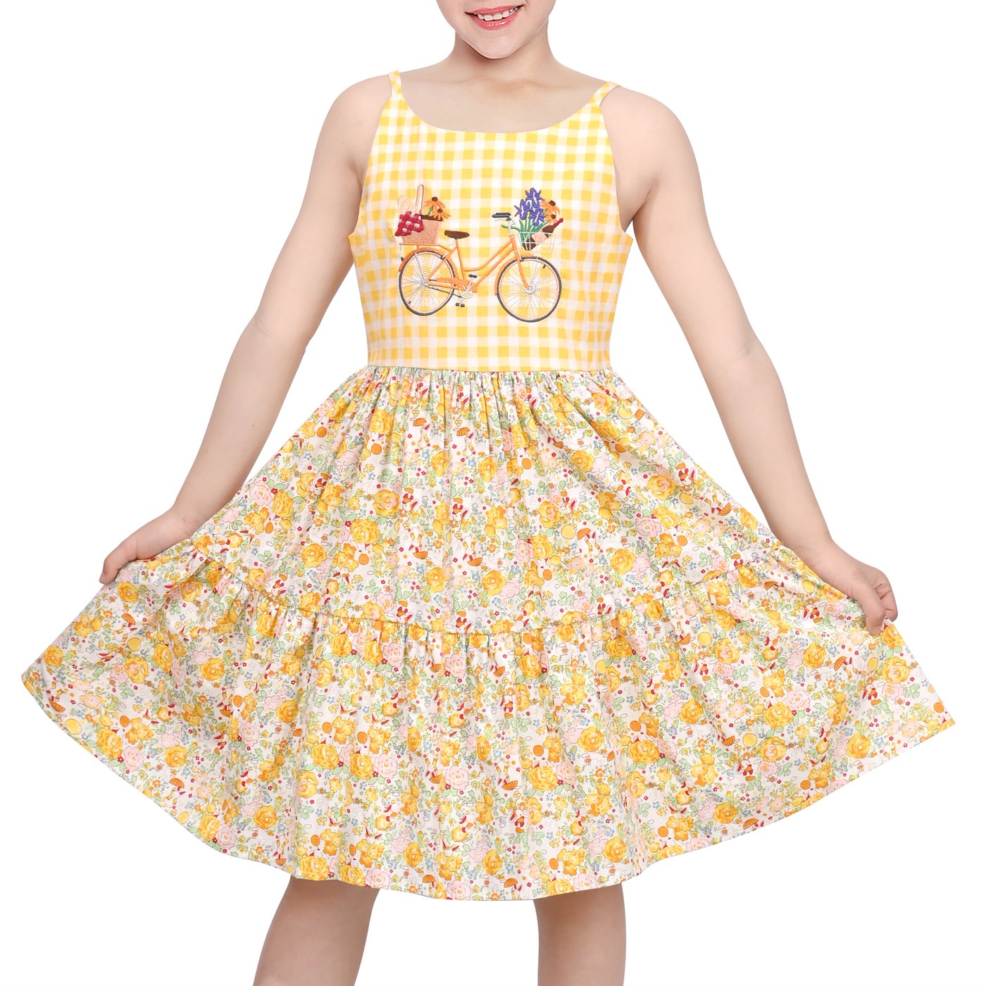 Embroidery Yellow Dress - ชุดเดรสเด็กผู้หญิง ผ้าฝ้ายลายตารางสีเหลือง ปักลายจักรยาน แขนกุด ลำลอง ฤดูร้อน