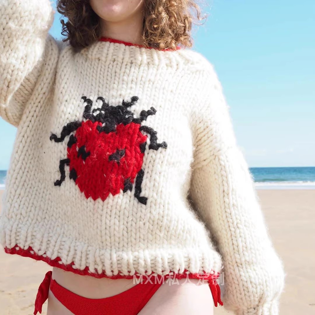 Embroidery Lady Bug - เสื้อสเวตเตอร์ไหมพรมถักมือลายเต่าทองเจ็ดดาว ขนสัตว์แท้ แขนยาว สำหรับผู้หญิง คอลเลคชั่นใหม่ ฤดูใบไม้ร่วง/ฤดูหนาว