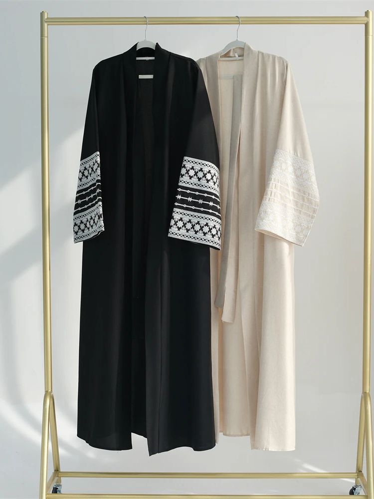 Embroidery Kebaya - Ramadan Eid สีดําเปิดกิโมโน Abaya Damen ดูไบอิสลามมุสลิม