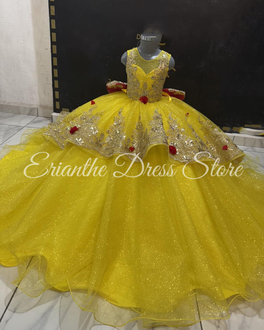 Embroidery Yellow Dress - สีเหลืองดอกไม้สาวชุดสําหรับงานแต่งงานTulle Puffyสีแดงโบว์เงาเด็กวันเกิดParty First Communion Ball Gownsที่กําหนดเอง