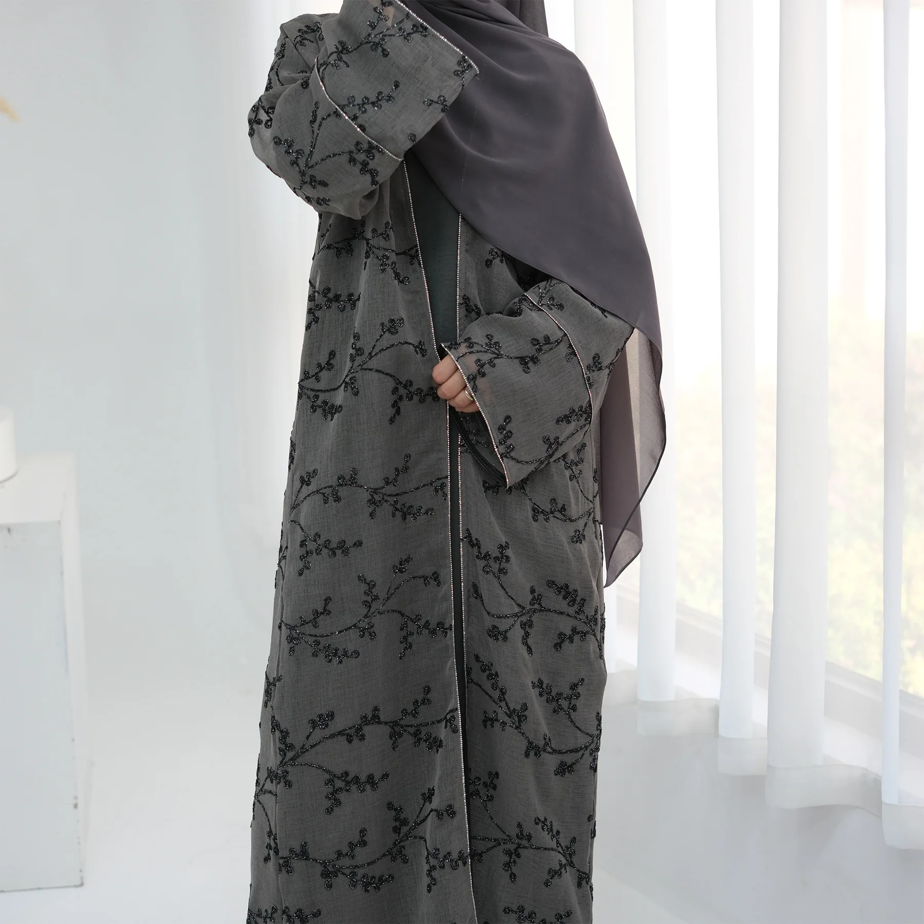 Embroidery Kebaya - ชุดกิโมโนปักลายสำหรับผู้หญิง เสื้อคลุมคาร์ดิแกนสำหรับเทศกาลอีดและรอมฎอน ชุดมุสลิมแบบดูไบ อบายะแบบเปิด ตุรกี คาฟตัน