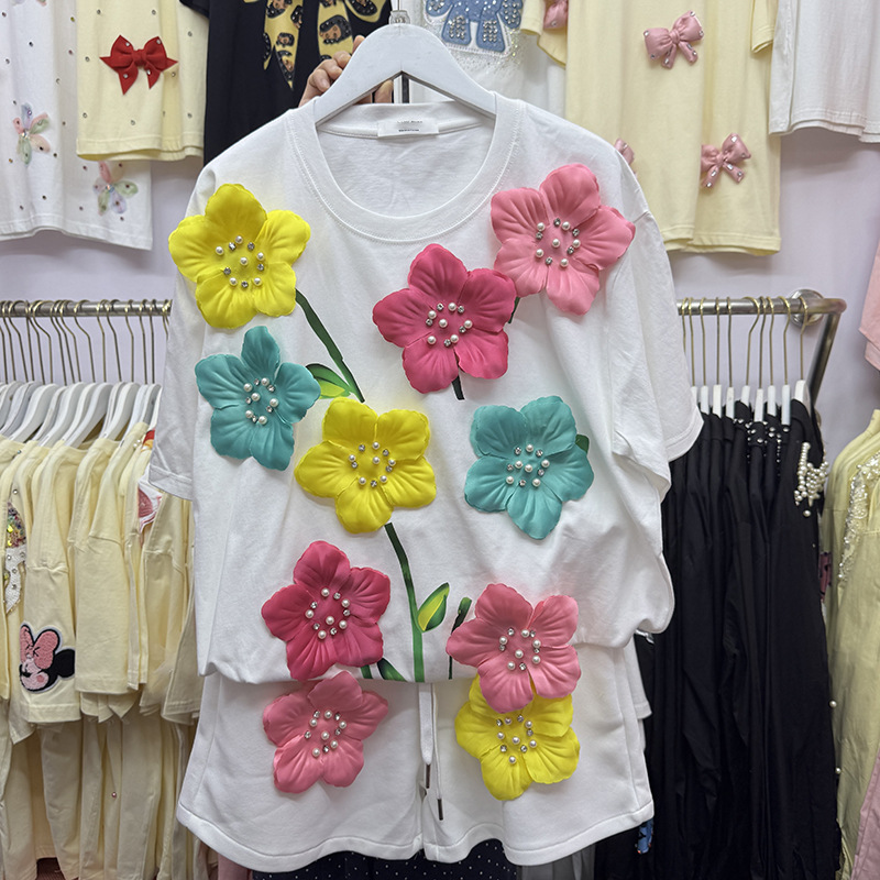 ฤดูร้อนสีสัน 3D ดอกไม้เสื้อยืด - Embroidery Cotton Shirt บทวิจารณ์และราคา